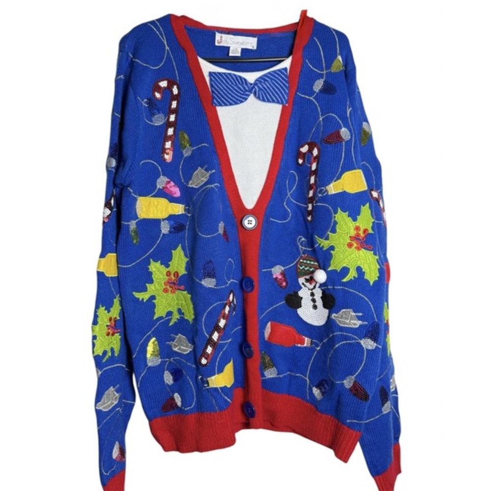 NEW Jolly Sweaters Ugly Christmas Cardigan Mens‎ "L" Blue Holiday Sequin Snowman